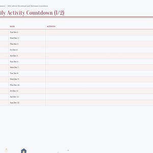 May include: A digital planner page titled Family Activity Countdown (1/2) for the 2024 Advent Devotional. The table lists days 1 through 13 with columns for date, activity, and a checkbox for completion, set against a light background.