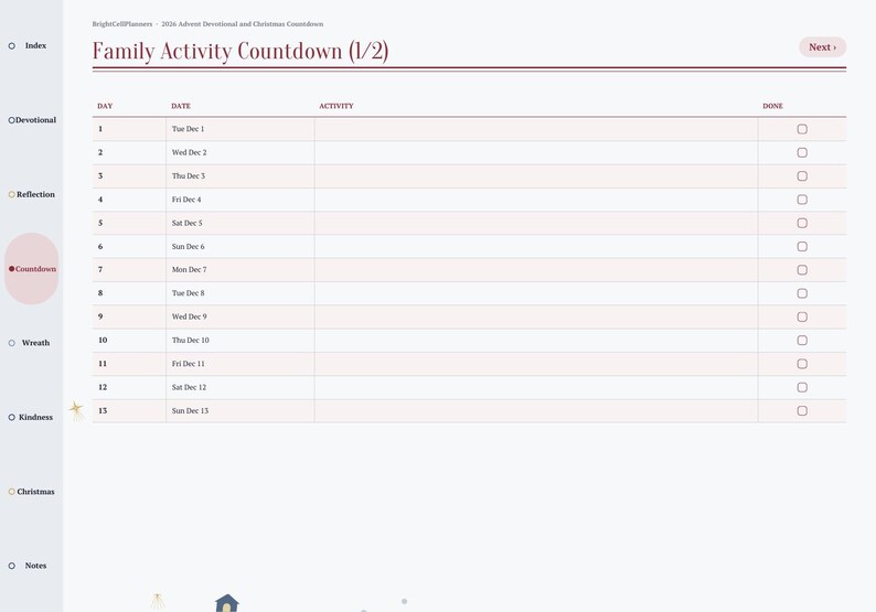 May include: A digital planner page titled Family Activity Countdown (1/2) for the 2024 Advent Devotional. The table lists days 1 through 13 with columns for date, activity, and a checkbox for completion, set against a light background.