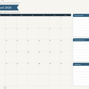 May include: A digital planner page for August 2026 featuring a monthly calendar grid, a sidebar with navigation tabs, and three lined sections labeled Exams this month, Clinical and research, and Applications with DNA strand icons.