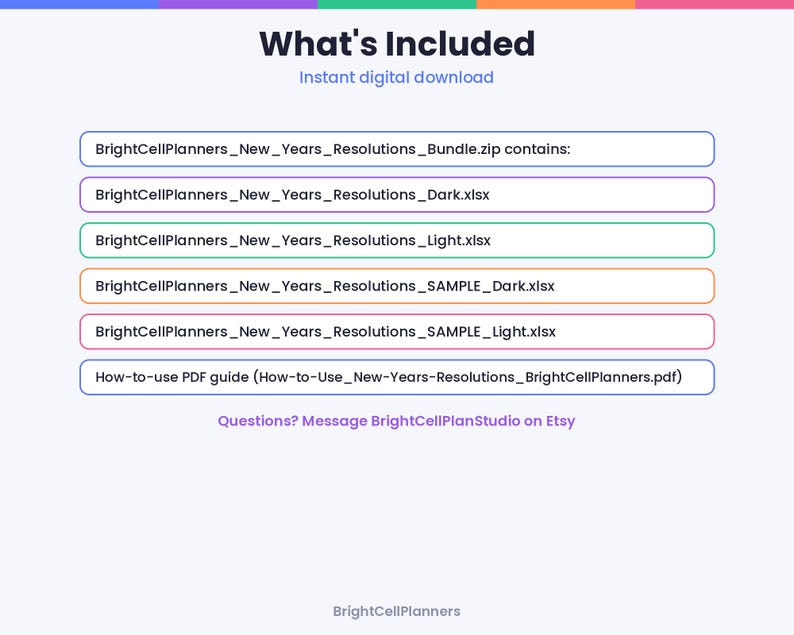 Może przedstawiać: Cyfrowa infografika do pobrania zatytułowana What's Included. Zawiera listę zawartości pliku BrightCellPlanners_New_Years_Resolutions_Bundle.zip, w tym cztery pliki arkuszy kalkulacyjnych .xlsx oraz jeden przewodnik PDF.