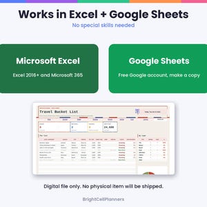 May include: A digital travel bucket list planner template compatible with Microsoft Excel 2016+, Microsoft 365, and Google Sheets. The interface displays a dashboard with data tables, charts, and the title Travel Bucket List.
