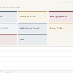 May include: A digital planner index page featuring a navigation sidebar and rectangular buttons labeled My Commission, Notarial Act Entries, Loan Signing Tracker, Loan Package Checklist, Signing Service Contacts, Invoice Tracker, Mileage Log, and Notes.