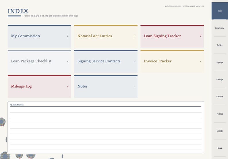 May include: A digital planner index page featuring a navigation sidebar and rectangular buttons labeled My Commission, Notarial Act Entries, Loan Signing Tracker, Loan Package Checklist, Signing Service Contacts, Invoice Tracker, Mileage Log, and Notes.