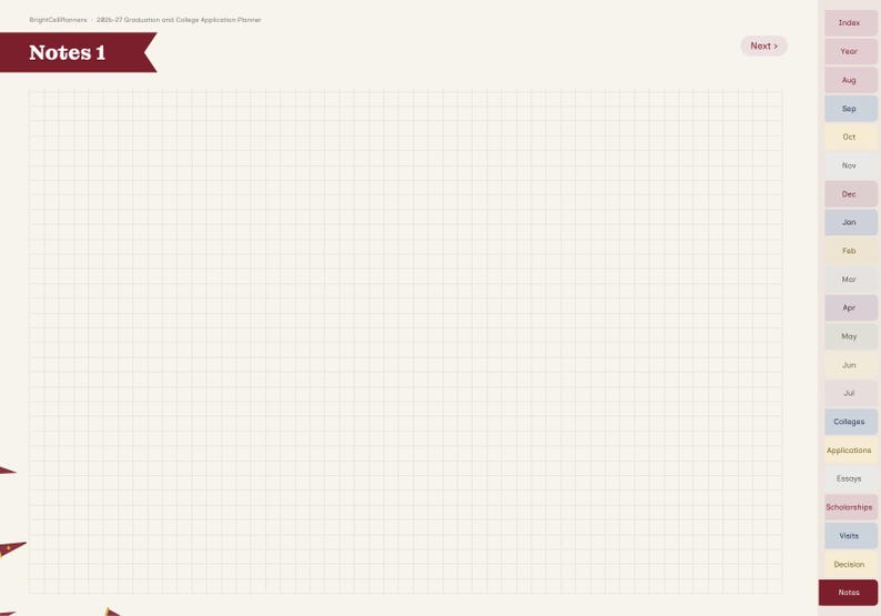 May include: A digital planner page titled Notes 1 with a cream-colored grid background. The top left features a maroon banner. A vertical sidebar on the right contains tabs labeled Index, Year, months from Aug to Jul, Colleges, Applications, Essays, Scholarships, Visits, Decision, and Notes.
