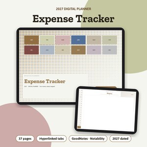 May include: A 2027 digital planner expense tracker displayed on two tablet screens. The main screen features a monthly navigation grid with twelve colored rectangular buttons and the text Expense Tracker. The second screen shows a blank notes page.