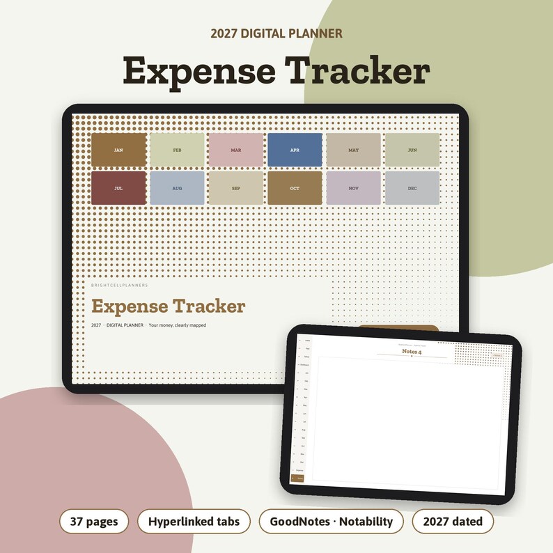 May include: A 2027 digital planner expense tracker displayed on two tablet screens. The main screen features a monthly navigation grid with twelve colored rectangular buttons and the text Expense Tracker. The second screen shows a blank notes page.