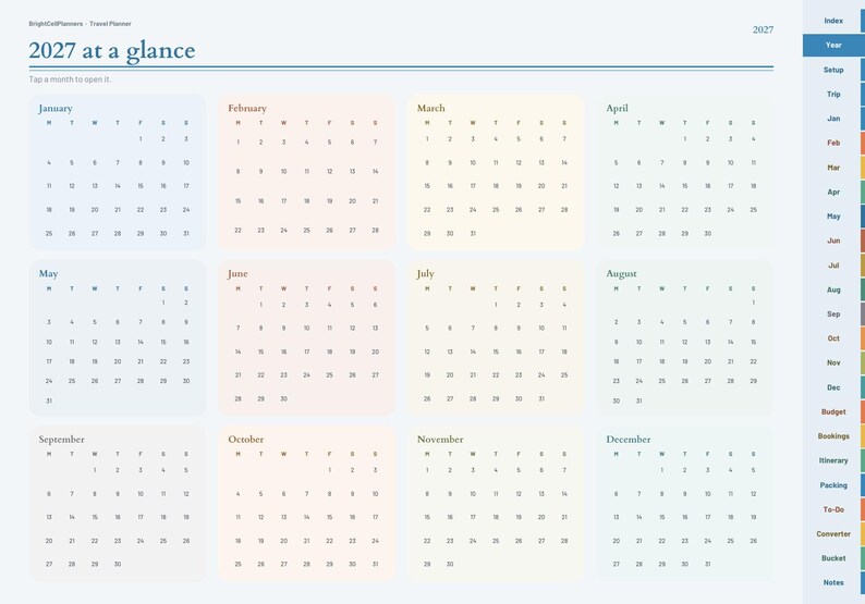 May include: A digital 2027 travel planner page titled 2027 at a glance, featuring twelve monthly calendars in soft pastel boxes. A vertical navigation sidebar on the right lists sections including Index, Year, Setup, Trip, Jan through Dec, Budget, Bookings, Itinerary, Packing, To-Do, Converter, Bucket, and Notes.