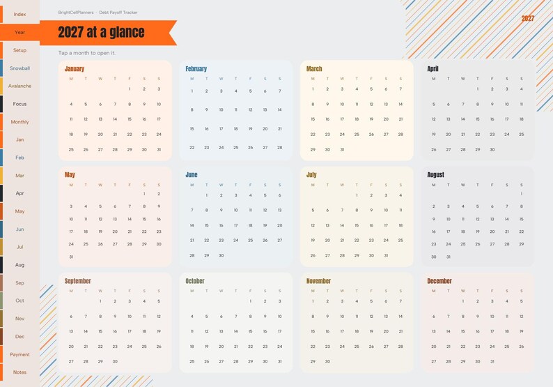 May include: A digital 2027 at a glance calendar planner with a sidebar navigation menu. The layout features twelve monthly grids with individual month names, days of the week, and numerical dates. The interface includes an orange header.