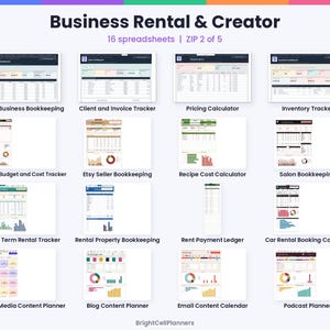 May include: A digital collection of 16 business and creator spreadsheets titled Business Rental & Creator. The set includes trackers for bookkeeping, invoices, pricing, inventory, projects, recipes, salon management, rentals, payments, and content planning.