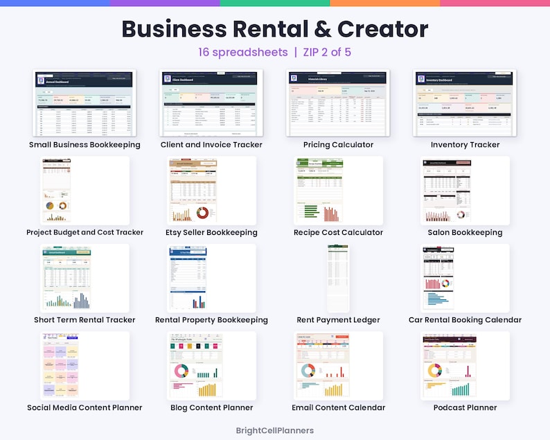 May include: A digital collection of 16 business and creator spreadsheets titled Business Rental & Creator. The set includes trackers for bookkeeping, invoices, pricing, inventory, projects, recipes, salon management, rentals, payments, and content planning.