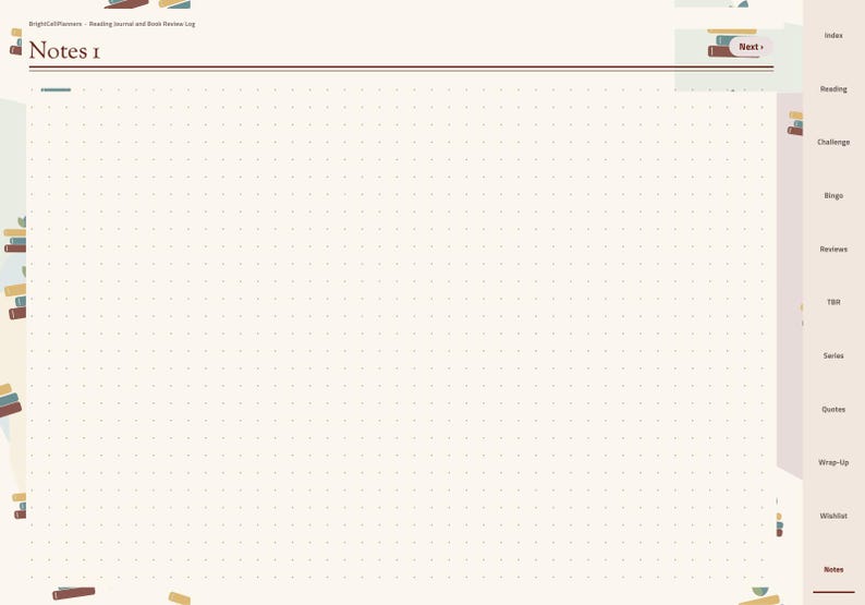 May include: A digital planner page titled Notes 1 with a cream-colored dot grid background. The layout features a right-hand navigation sidebar with tabs labeled Index, Reading, Challenge, Bingo, Reviews, TBR, Series, Quotes, Wrap-up, Wishlist, and Notes.