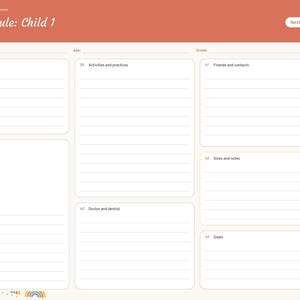 May include: A digital planner page titled Kid Schedule: Child 1 with a terracotta header. It features sections for school, activities, contacts, weekly schedule, doctor, sizes, and goals, with a side navigation tab for months and categories.
