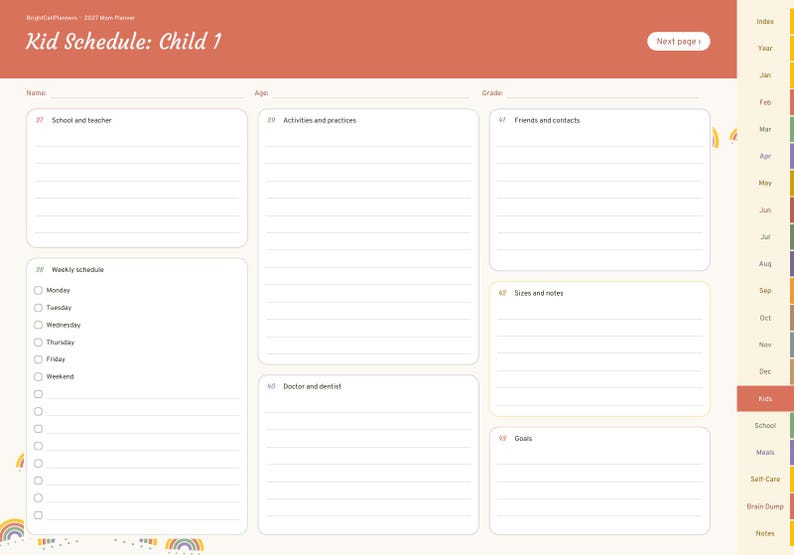 May include: A digital planner page titled Kid Schedule: Child 1 with a terracotta header. It features sections for school, activities, contacts, weekly schedule, doctor, sizes, and goals, with a side navigation tab for months and categories.