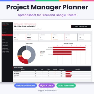 以下が含まれることがあります： ExcelおよびGoogleスプレッドシート用のProject Manager Planner。ダッシュボードには、タスクメトリクス、ドーナツグラフ、棒グラフ、進捗テーブルを含むプロジェクトの概要が表示されています。テキストには「Project Manager Planner」、「Project Dashboard」、「Today Tue, Oct 13, 2026」と記載されています。
