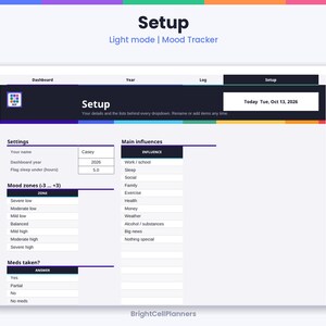 Pode incluir: Uma interface digital de configura&ccedil;&atilde;o de rastreador de humor em modo claro. O painel exibe se&ccedil;&otilde;es para configura&ccedil;&otilde;es, zonas de humor de -3 a +3, rastreamento de medicamentos e influ&ecirc;ncias. O texto inclui Setup, Mood Tracker e BrightCellPlanners.