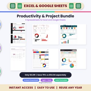 生産性向上プロジェクトバンドル：ExcelおよびGoogleスプレッドシート用テンプレート6種類（カンバン、ガントチャート、タスクトラッカー）（デジタルダウンロード） 画像 1