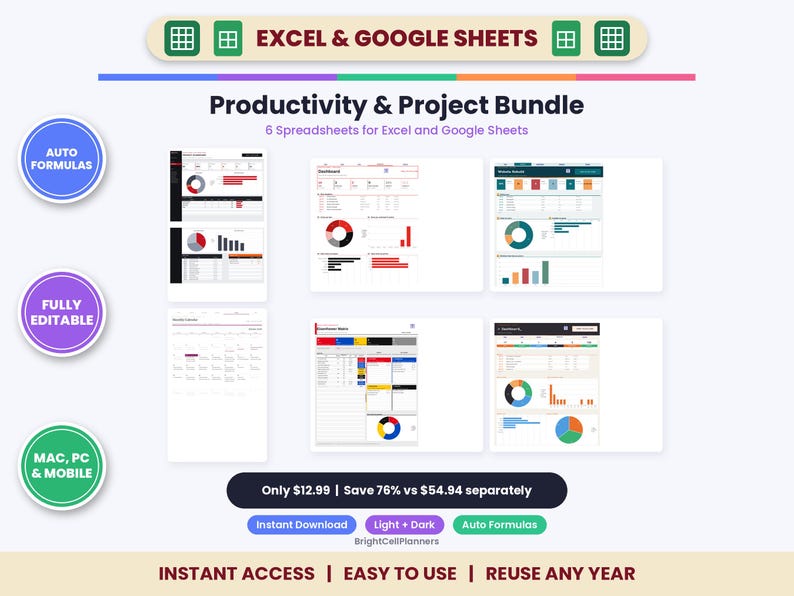 生産性向上プロジェクトバンドル：ExcelおよびGoogleスプレッドシート用テンプレート6種類（カンバン、ガントチャート、タスクトラッカー）（デジタルダウンロード） 画像 1