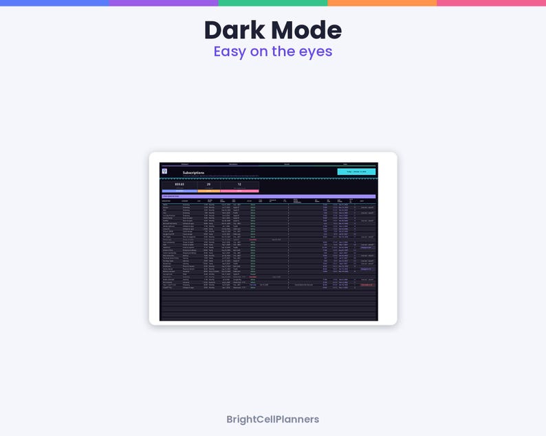 May include: A digital tablet displaying a dark mode interface for a subscription tracker. The screen shows a table with columns for data, and the text Dark Mode Easy on the eyes is at the top. The bottom of the screen displays BrightCellPlanners.