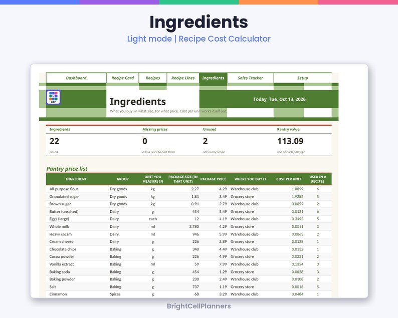 Op de afbeelding: Een digitale spreadsheet-interface getiteld Ingredients Light mode Recipe Cost Calculator door BrightCellPlanners. Het dashboard toont een voorraadprijslijst met kolommen voor ingredi&euml;nt, groep, eenheid, verpakkingsgrootte, prijs en kosten per eenheid.