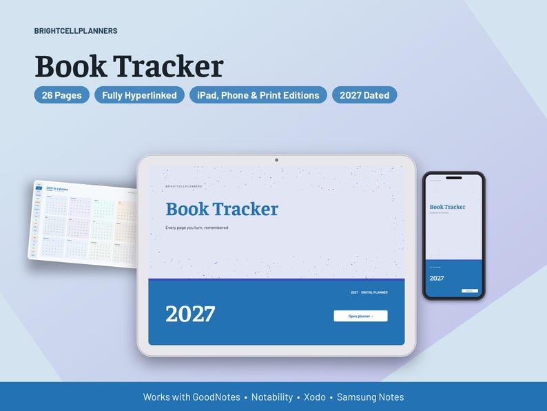 2027 Digital Book Tracker, Tablet Book Tracker PDF, Hyperlinked Planner, Book Log, Books Gallery, Bookshelf, Wishlist image 1