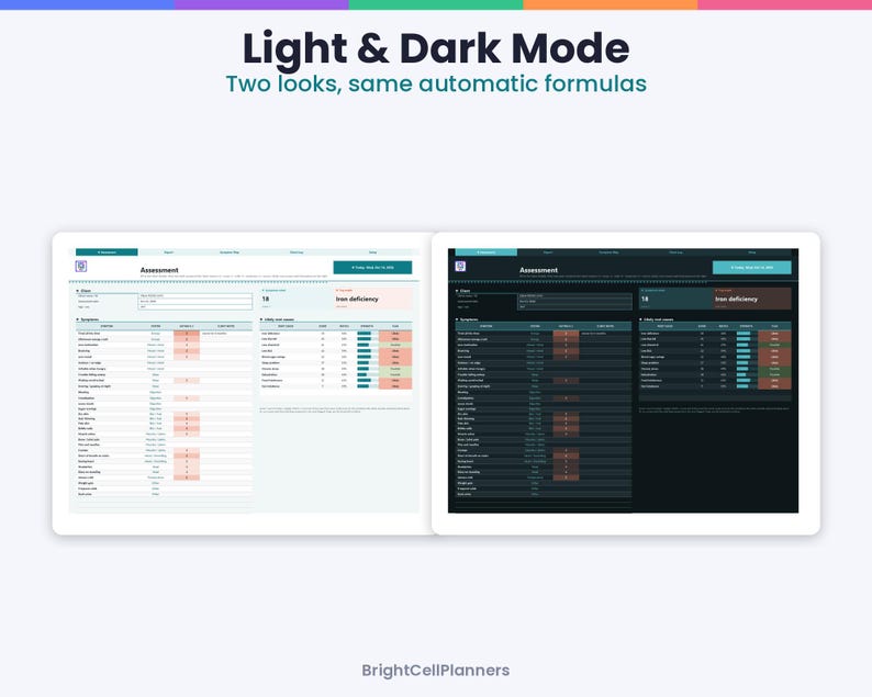 May include: A digital dashboard interface displayed in two versions, light mode and dark mode, titled Light & Dark Mode Two looks, same automatic formulas. The screen shows an assessment page with tables, data rows, and the text BrightCellPlanners.