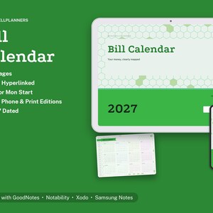 2027 Digital Bill Calendar, Tablet Bill Calendar PDF, Hyperlinked Planner, Bills, Payment Schedule, Payment Log image 1