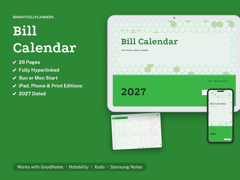 2027 Digital Bill Calendar, Tablet Bill Calendar PDF, Hyperlinked Planner, Bills, Payment Schedule, Payment Log image 1