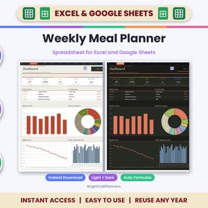 Weekly Meal Planner Spreadsheet for Excel & Google Sheets - Recipe Book and Grocery Shopping List image 1