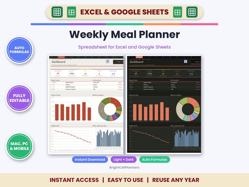 Weekly Meal Planner Spreadsheet for Excel & Google Sheets - Recipe Book and Grocery Shopping List image 1