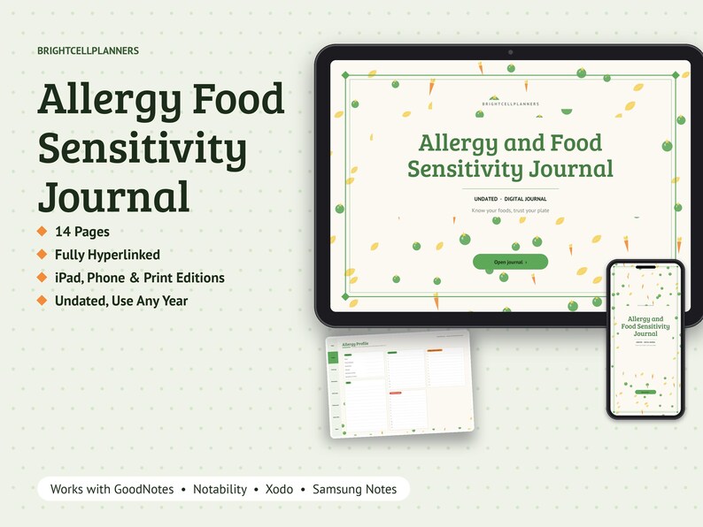 Puede incluir: Un diario digital Allergy Food Sensitivity Journal mostrado en una tableta y un tel&eacute;fono inteligente, con 14 p&aacute;ginas, hiperv&iacute;nculos y compatibilidad con GoodNotes, Notability, Xodo y Samsung Notes. Dise&ntilde;o con texto e iconos verdes.