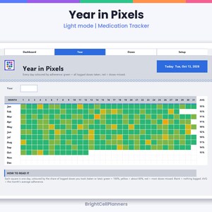 Puede incluir: Una interfaz digital de seguimiento de medicamentos Year in Pixels en modo claro. El panel muestra una cuadr&iacute;cula de meses y d&iacute;as con cuadrados verdes y amarillos que representan la adherencia, incluyendo el texto Year in Pixels.
