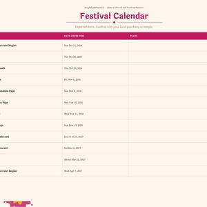 Pu&ograve; includere: Una pagina di calendario dei festival intitolata Festival Calendar con un'intestazione magenta. Elenca le festivit&agrave; ind&ugrave; dall'ottobre 2026 all'aprile 2027, tra cui Sharad Navratri, Dussehra, Karva Chauth, Dhanteras, Diwali, Govardhan Puja, Bhai Dooj, Chhath Puja, Makar Sankranti, Maha Shivaratri, Holi e Chaitra Navratri.