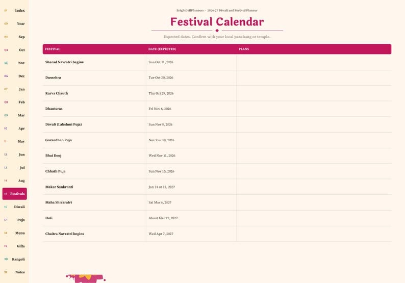 Pu&ograve; includere: Una pagina di calendario dei festival intitolata Festival Calendar con un'intestazione magenta. Elenca le festivit&agrave; ind&ugrave; dall'ottobre 2026 all'aprile 2027, tra cui Sharad Navratri, Dussehra, Karva Chauth, Dhanteras, Diwali, Govardhan Puja, Bhai Dooj, Chhath Puja, Makar Sankranti, Maha Shivaratri, Holi e Chaitra Navratri.