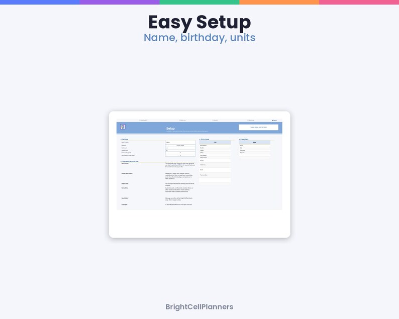 May include: A digital interface screen titled Easy Setup with the subtitle Name, birthday, units. The layout features a blue header, input fields for personal data, and a BrightCellPlanners logo at the bottom of the white display area.