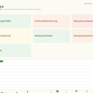 Puede incluir: Una p&aacute;gina de &iacute;ndice de diario digital sobre alergias y sensibilidades alimentarias con una barra lateral de navegaci&oacute;n y mosaicos rectangulares etiquetados como Allergy Profile, Food and Reaction Log, Elimination and Reintroduction Plan, Safe Foods List, Restaurant Notes, Emergency Action Plan, Notes y una secci&oacute;n rayada de Quick notes.