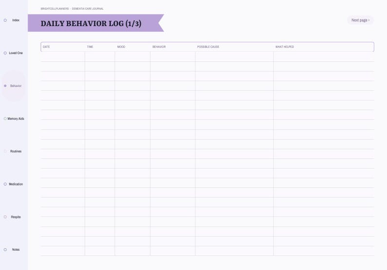 May include: A digital daily behavior log template with a light purple header banner featuring the text Daily Behavior Log (1/3). The grid includes columns for date, time, mood, behavior, possible cause, and what helped, with a sidebar menu.