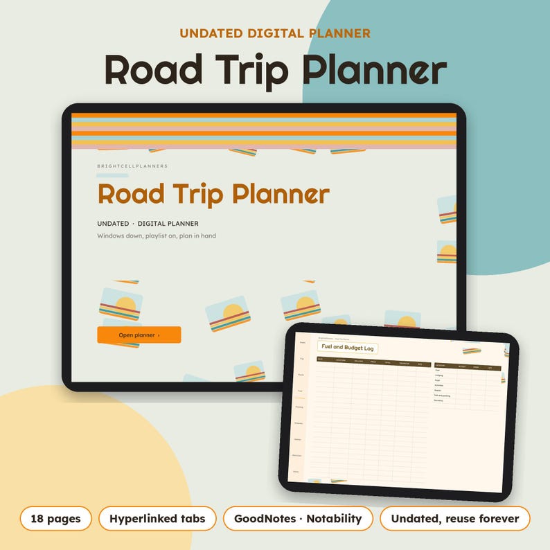 K&ouml;nnte beinhalten: Ein undatierter digitaler Roadtrip-Planer auf zwei Tablet-Bildschirmen. Die Benutzeroberfl&auml;che zeigt den Text Road Trip Planner, Brightcellplanners und Windows down, playlist on, plan in hand. Ein Bildschirm zeigt ein Kraftstoff- und Budgetprotokoll.