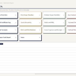May include: A digital estate executor organizer interface featuring a main index page with navigation tabs on the left. The layout includes clickable tiles labeled Estate Overview, First Steps Timeline, Probate Steps Checklist, Key Contacts, and more.
