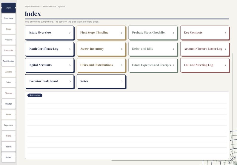 May include: A digital estate executor organizer interface featuring a main index page with navigation tabs on the left. The layout includes clickable tiles labeled Estate Overview, First Steps Timeline, Probate Steps Checklist, Key Contacts, and more.