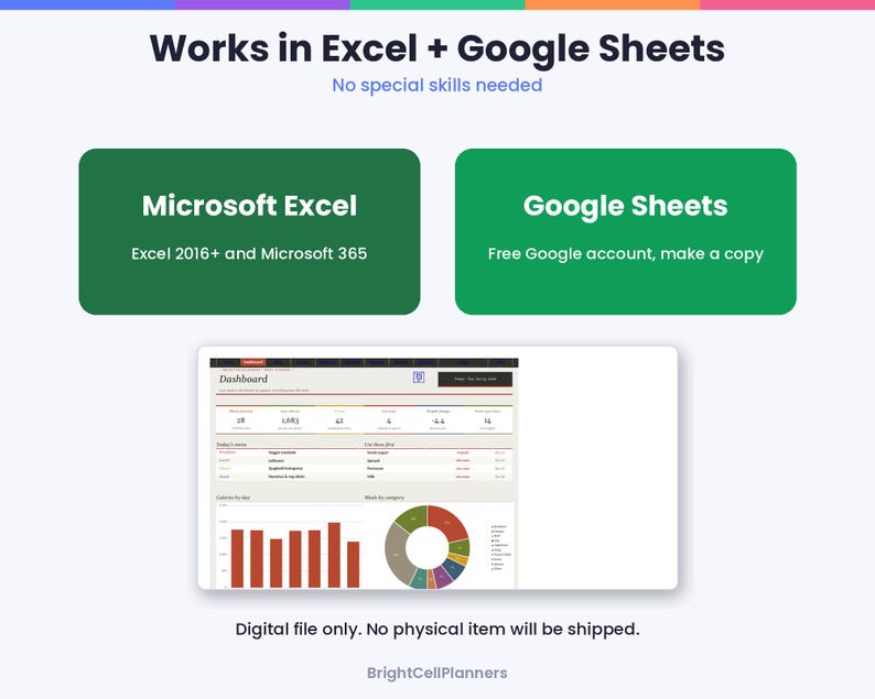 May include: A digital dashboard template compatible with Microsoft Excel 2016+ and Google Sheets. The graphic displays a data interface with a red bar chart, a multicolored pie chart, and text headers including Works in Excel + Google Sheets.