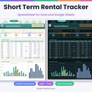 K&ouml;nnte beinhalten: Eine Short Term Rental Tracker Tabelle f&uuml;r Excel und Google Sheets mit zwei Jahres-Dashboards im hellen und dunklen Modus. Die Benutzeroberfl&auml;che zeigt monatliche Finanzdaten, Auslastungsraten sowie Balkendiagramme f&uuml;r Auszahlungen und Gewinn.