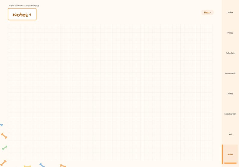 May include: A digital planner page titled Notes 1 with a grid background. The right sidebar features tabs labeled Index, Puppy, Schedule, Commands, Potty, Socialization, Vet, and Notes. Small colorful bone icons are scattered at the bottom left.