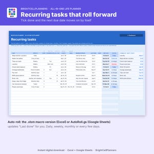 May include: A digital task management spreadsheet titled Recurring tasks that roll forward. The interface displays columns for task names, repetition frequency, start dates, and status updates, with a section for upcoming tasks in the next seven days.