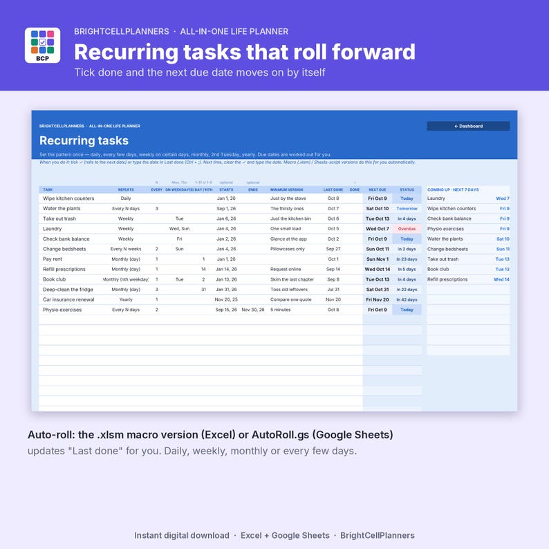 May include: A digital task management spreadsheet titled Recurring tasks that roll forward. The interface displays columns for task names, repetition frequency, start dates, and status updates, with a section for upcoming tasks in the next seven days.