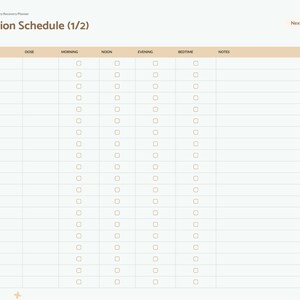 May include: A digital medication schedule planner page titled Medication Schedule (1/2) with columns for medication, dose, morning, noon, evening, bedtime, and notes. The layout features a light background with orange accents and a side navigation bar.