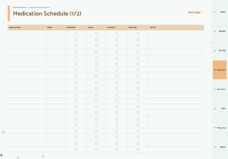 May include: A digital medication schedule planner page titled Medication Schedule (1/2) with columns for medication, dose, morning, noon, evening, bedtime, and notes. The layout features a light background with orange accents and a side navigation bar.