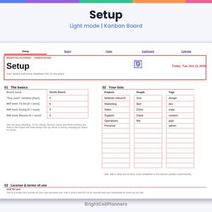 May include: A digital Kanban board planner template titled Setup with sections for The basics, Your lists, and License & terms of use. The layout includes tables for board settings, projects, people, and tags, with the date Tuesday, October 13, 2026.