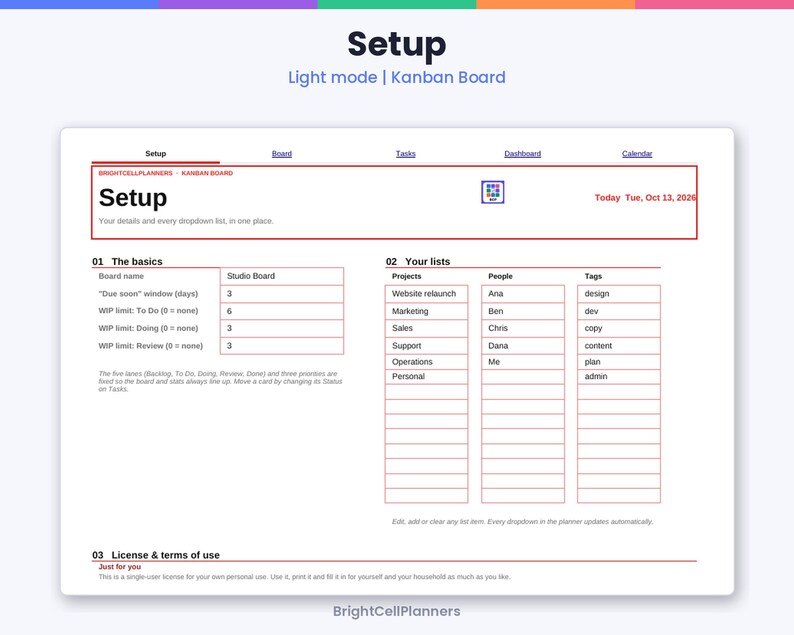 May include: A digital Kanban board planner template titled Setup with sections for The basics, Your lists, and License & terms of use. The layout includes tables for board settings, projects, people, and tags, with the date Tuesday, October 13, 2026.