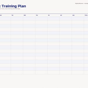 May include: A 16-week training plan digital planner page with a grid layout for tracking runs, cross-training, and rest days. The document features a weekly schedule from Monday to Sunday, with side tabs labeled Index, Goals, Plan, Run Log, Races, Shoes, PRs, Race Day, and Notes.