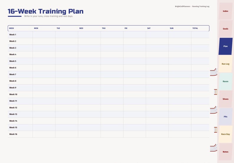 May include: A 16-week training plan digital planner page with a grid layout for tracking runs, cross-training, and rest days. The document features a weekly schedule from Monday to Sunday, with side tabs labeled Index, Goals, Plan, Run Log, Races, Shoes, PRs, Race Day, and Notes.